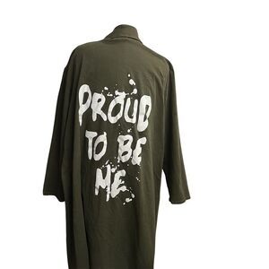 Olive Green Duster Jacket Proud Unique Self Graffiti Cotton Blend 3X SEE DESCRIP